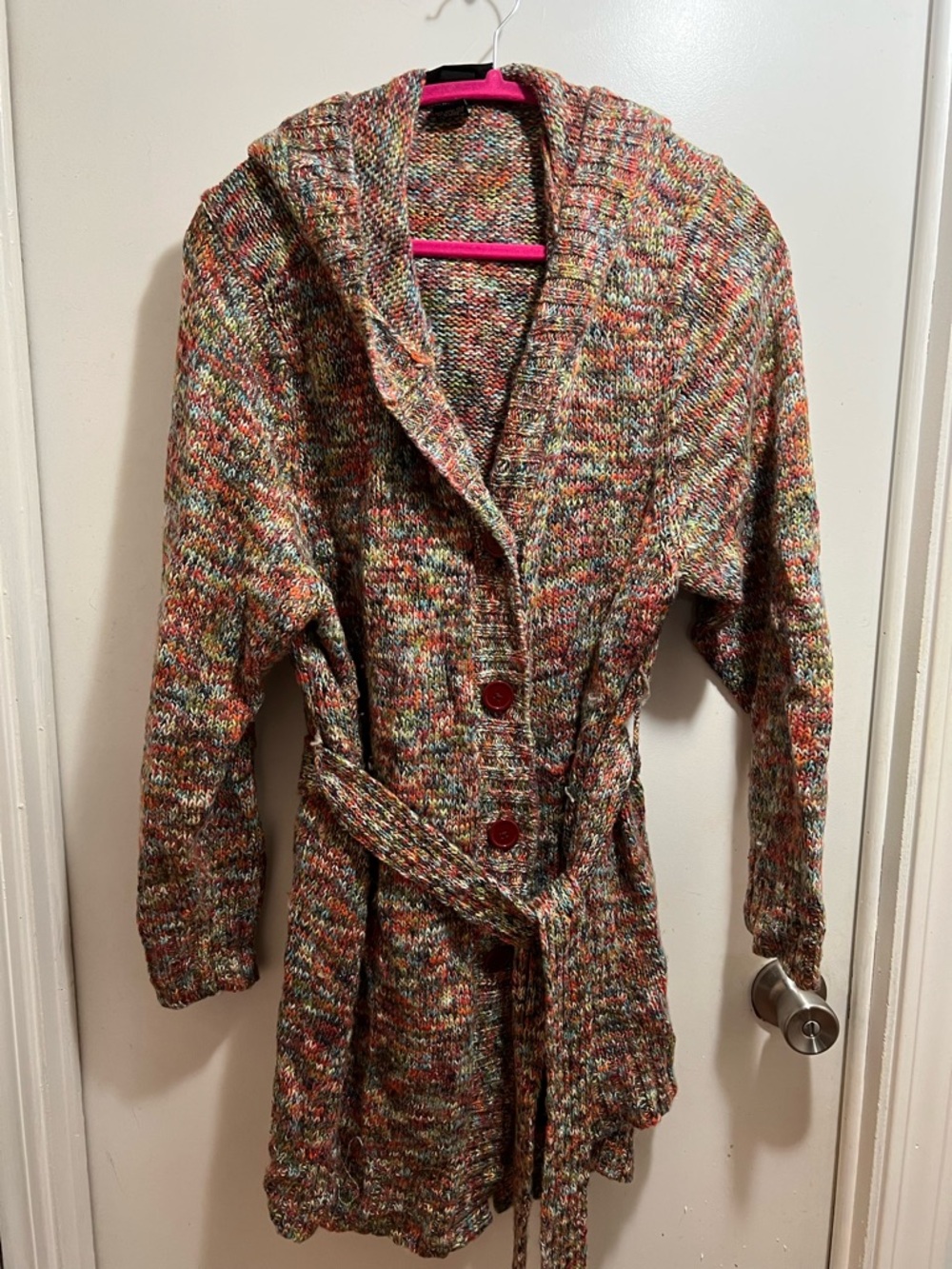 Lane Bryant Multicolor Knit Hooded Belted Cardigan